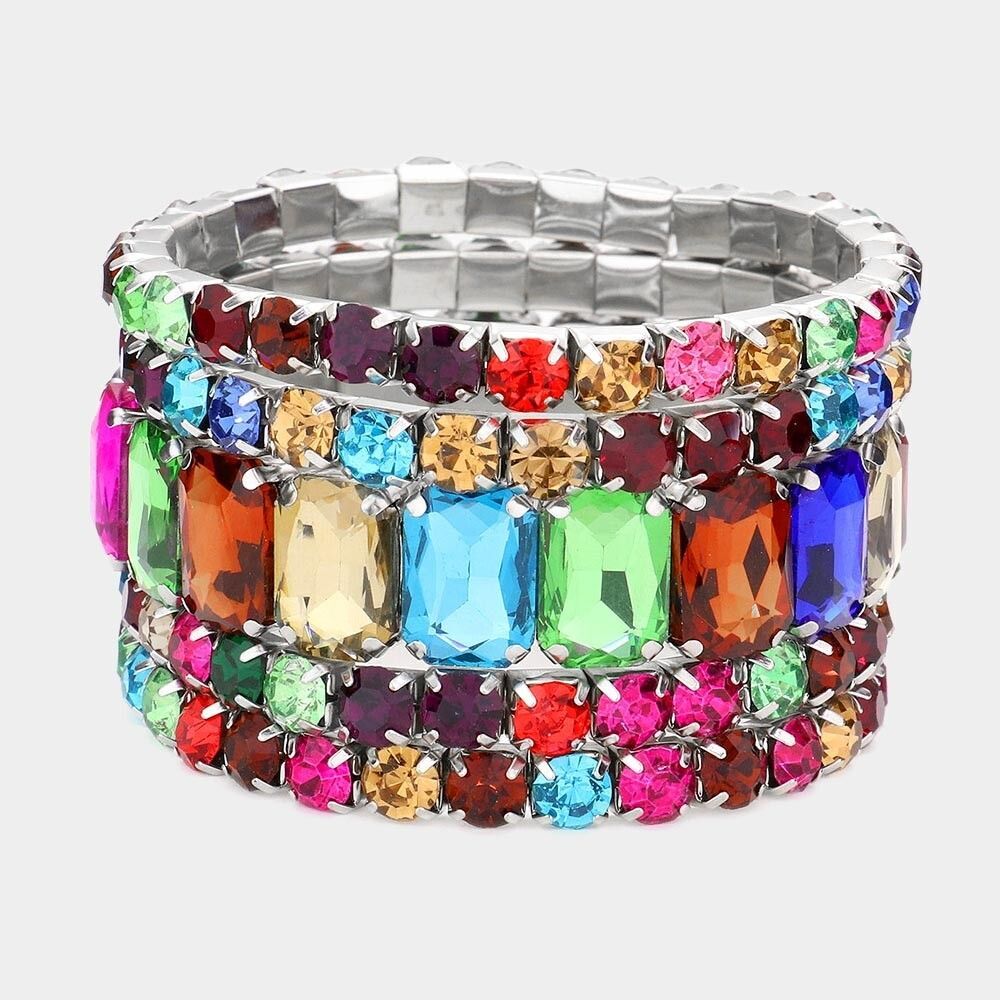 5PCS Emerald Cut and Round Stone Bracelets Set Evening Jewelry for Women